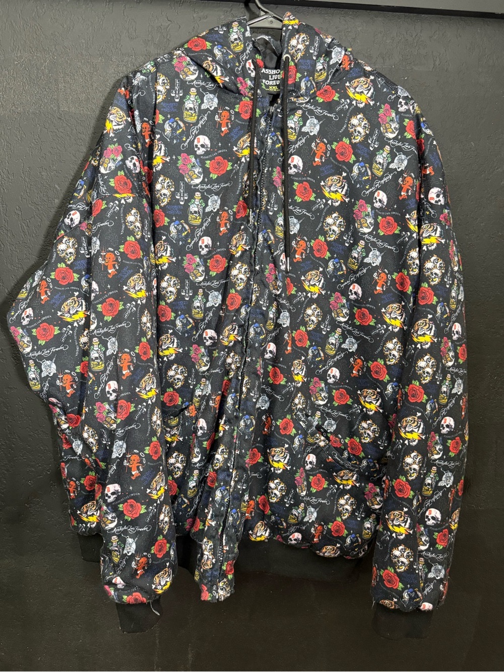 A$$holes Live Forever Men's XXL Loud Print Jacket Hooded Lined Roses Skulls